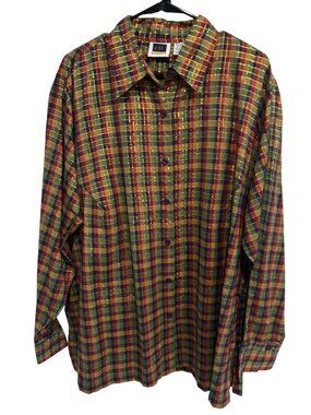 C.S.T. Sport 2X Button Down Shirt Multicolor Plaid Check Retro Maximalist